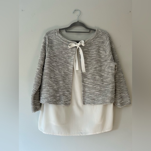 Anthropology Gray Textured Knit Sweater Top with Chiffon Hem & Bow Back Detail L - Picture 5 of 10